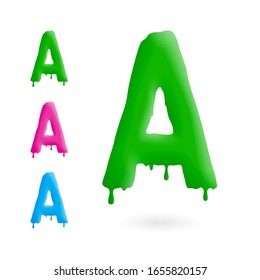 Letter A logo. Green, blue and pink character with drips. Dripping liquid symbol. Isolated vector