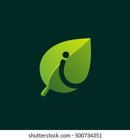 Letter I logo in green leaf. Negative space style icon. Vector ecology elements for posters, t-shirts and cards.