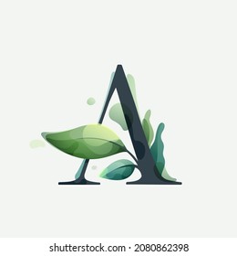 A letter logo with green leaves in clear vector watercolor style. Serif sans font for luxury emblem, botanical identity, ecology projects, wedding invitations.