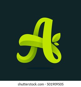Letter A logo with green leaves. Vector ecology elements for web, t-shirts and cards.