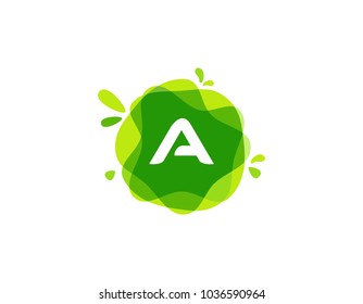 Letter A logo at green watercolor splash background. green nature logo vector