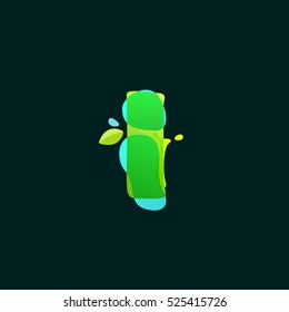 I letter logo with green watercolor splashes. Color overlay style. Vector ecology typeface for labels, headlines, posters, cards etc.