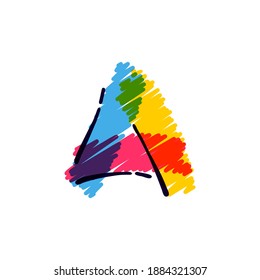 Letter A logo hand drawn with a colored pencils. Perfect vector childish font for a school style cartoon, cute comic print, kindergarten posters, etc.