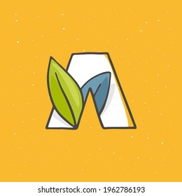 Letter A logo hand drawn with a felt-tip pen in soft colors. Line style vector illustration with green leaves for your upcoming eco-friendly and zero waste projects. 