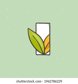 Letter I logo hand drawn with a felt-tip pen in soft colors. Line style vector illustration with green leaves for your upcoming eco-friendly and zero waste projects. 