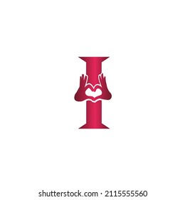 I letter logo with heart icon, Two hands making heart sign valentines day love concept