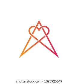 letter a logo with heart shape in mono line style