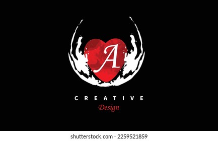 A letter logo in heart shape at red water color on black background Happy Valentines Day Vector abstract design element.
