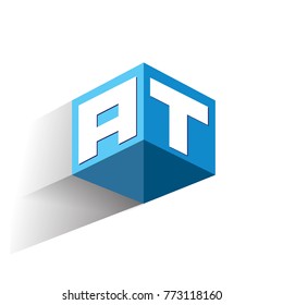 Letter AT logo in hexagon shape and blue background, cube logo with letter design for company identity.
