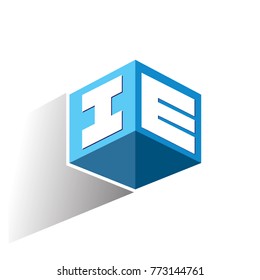 Letter IE logo in hexagon shape and blue background, cube logo with letter design for company identity.
