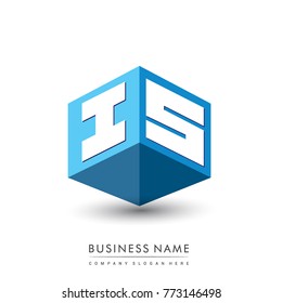 Letter IS logo in hexagon shape and blue background, cube logo with letter design for company identity.
