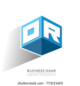 Letter OR logo in hexagon shape and blue background, cube logo with letter design for company identity.
