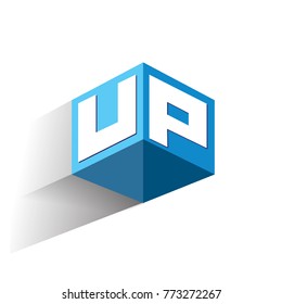 Letter UP logo in hexagon shape and blue background, cube logo with letter design for company identity.
