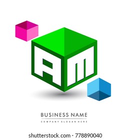 Letter AM logo in hexagon shape and green background, cube logo with letter design for company identity.
