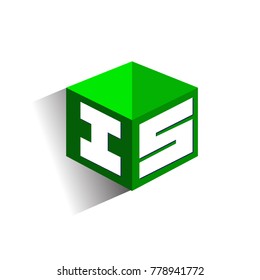 Letter IS logo in hexagon shape and green background, cube logo with letter design for company identity.
