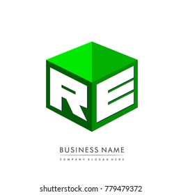 Letter RE logo in hexagon shape and green background, cube logo with letter design for company identity.
