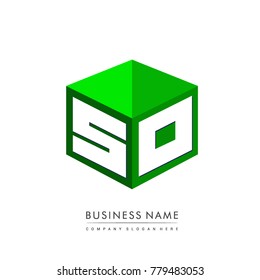 Letter SO logo in hexagon shape and green background, cube logo with letter design for company identity.
