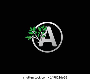  Letter A Logo Icon With Branch and Green Leaves, eco green concept.