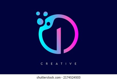 Letter I Logo Icon Design with Dots and Bubbles inside a Circular Shape in Purple Neon Colors Vector Illustration.