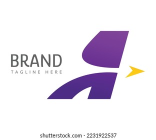 Elementos de plantilla de diseño de iconos de logotipo de letra A. Logotipo creativo con la letra inicial morada A e icono de flecha amarilla. Usable para logotipos de marca, negocios y transporte.
