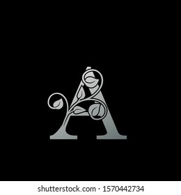 A Letter  logo icon. Monochrome Design concept logo  letter A  with  leaves silver color for initial, fashion, restaurant, cafe, hotel and more brand identity.