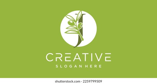 Letter logo J with olive branches illustration of green leaves Premium Vector