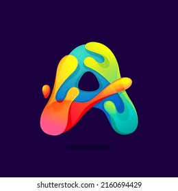 A letter logo with juice splash, waves, and drops. Multicolor icon with glow and gradients. Perfect for positive art, children design, vibrant advertising, juice packaging, colorful identity.