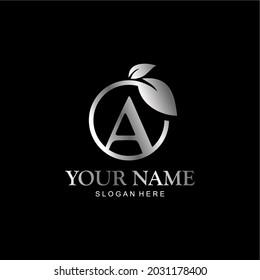 letter A logo and leaf circle. premium letter A vector with silver luxury color leaf. letter A metal model
