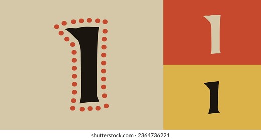 Letter I logo. Lindisfarne calligraphy in majuscule Celtic, Anglo-Saxon, Irish style with red dots pattern. Dim colored medieval initial. Vintage illuminated dropcap for brewery, heraldic monograms.