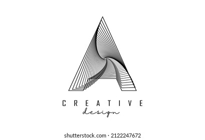 Letter A logo with lines and spiral effect. Vector illustration with geometric typography. Creative icon with letter.