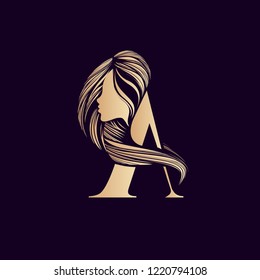 Letter A logo with long hair woman portrait.Golden typographic icon for beauty and hair salon, isolated on dark background.