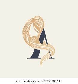 Letter A logo with long hair woman portrait.Typographic icon with initial lettering for beauty and hair salon, isolated on light background.