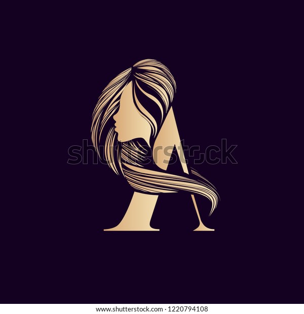 Letter Logo Long Hair Woman Portraitgolden Stock Vector Royalty