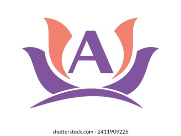 Letter A Logo with Lotus Flower Design Symbol Vector Template.