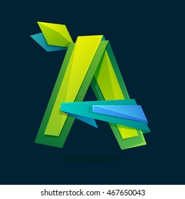 Letter A logo in low poly style with green leaves. Ecology vector design for presentation, web page, app icon, card, labels or posters.