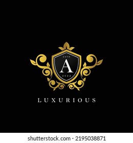 Letter A logo with Luxury Gold Shield. Elegance logo vector template