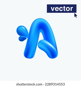 A letter logo made of blue clear water and dew drops. 3D realistic plastic cartoon balloon style. Glossy vector illustration. Perfect for eco-friendly banners, vibrant emblem, healthy food art.