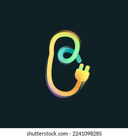 Letter I logo made of curved vivid gradient line with plug icon and rainbow shine. Overlapping multicolor emblem. Ideal for colorful electric app, eco-friendly charge design, technology advertising.