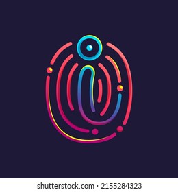 I letter logo made of fingerprint. Multicolor line icon with vivid gradients and shine. Perfect for online payment art, biometric design, nightlife advertising, digital packaging, modern identity.