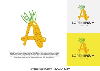 A letter logo made of pineapple. Fruit handmade calligraphy for agricultural identity, restaurant cards, kids t-shirt, summer prints, etc