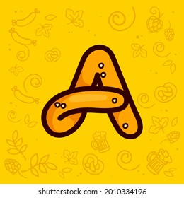 Letter A logo made of pretzel. Hand-drawn with Oktoberfest pattern on background. Perfect to use in any German restaurant advertising, party posters, appetizer identity, etc.
