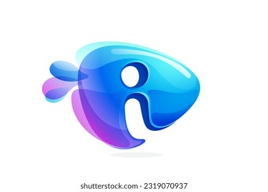 I letter logo made of spring water and dew drops. Environment friendly initial. Pure eco emblem in overlapping watercolor style. 3D realistic icon in round triangle arrow shape. Vector play button.