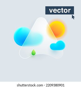 A letter logo made of sun, clouds, and green drop under mate glass. Realistic 3d glass morphism style emblem. Vector blurry translucent design. Website or mobile app UI icon for weather forecast.