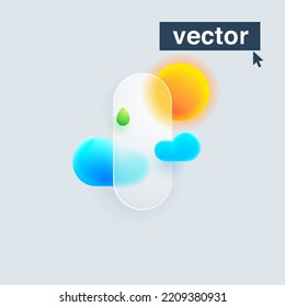 Escribo un logo hecho de sol, nubes y gota verde bajo el mate glass. emblema del estilo de morfismo de vidrio 3d realista. Diseño vectorial translúcido y borroso. Icono de interfaz de usuario de sitio web o aplicación móvil para pronóstico del tiempo.