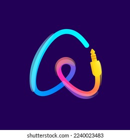 A letter logo made of vivid gradient line wire with mini jack icon and rainbow shine. Overlapping multicolor emblem. Ideal for music app, audio design, DJ identity, technology advertising.