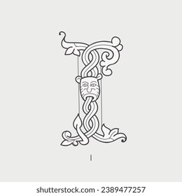 I letter logo. Medieval drop cap monogram. Initials made of spiral Celtic beasts, lion, leopard. Gothic illuminated calligraphy. Middle Ages heraldic ornate capitals. Germanic font for pagan tattoos.