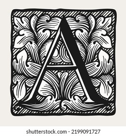 A letter logo in medieval gothic style. Engraving drop cap icon. Perfect for retro style identity, music album covers, movie posters, luxury packaging, premium design.