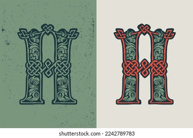 A letter logo in medieval knots lines style. Dim colored drop cap icon. Engraved barbarian emblem. Vintage illuminated initials. Perfect for vintage premium identity, Celtic posters, luxury packaging.