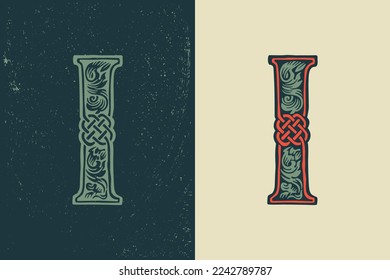 I letter logo in medieval knots lines style. Dim colored drop cap icon. Engraved barbarian emblem. Vintage illuminated initials. Perfect for vintage premium identity, Celtic posters, luxury packaging.