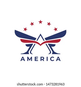 letter A logo monogram with wing and stars,america flag color